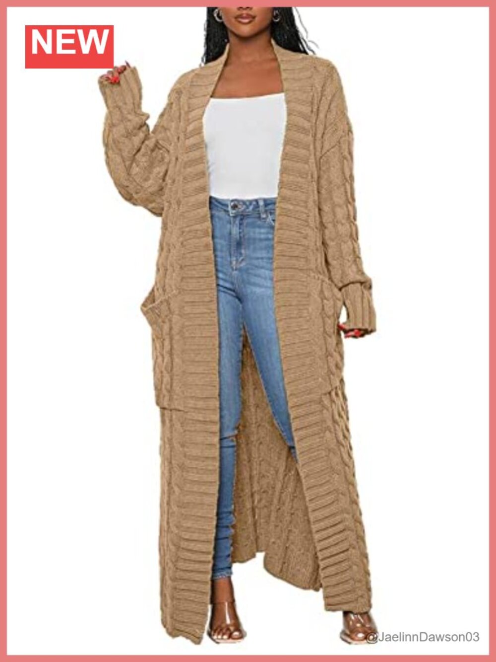 Long Sleeve Open Front Cable Knit Duster Cardigan with Pockets